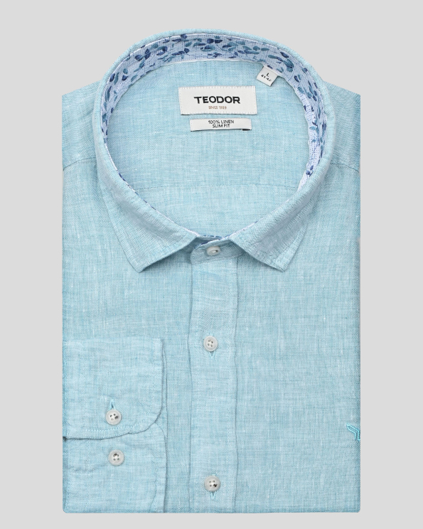 СВЕТЛОСИНЯ РИЗА МЕЛАНЖ ОТ 100% ЛЕН ВТАЛЕН СИЛУЕТ