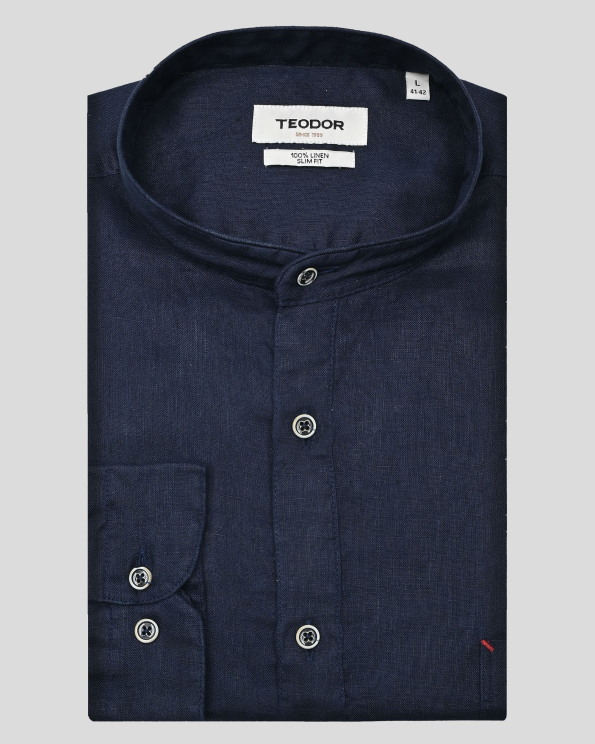 ТЪМНОСИНЯ ЛЕНЕНА РИЗА С ПОПСКА ЯКА И ДЖОБ НА ГЪРДИТЕ