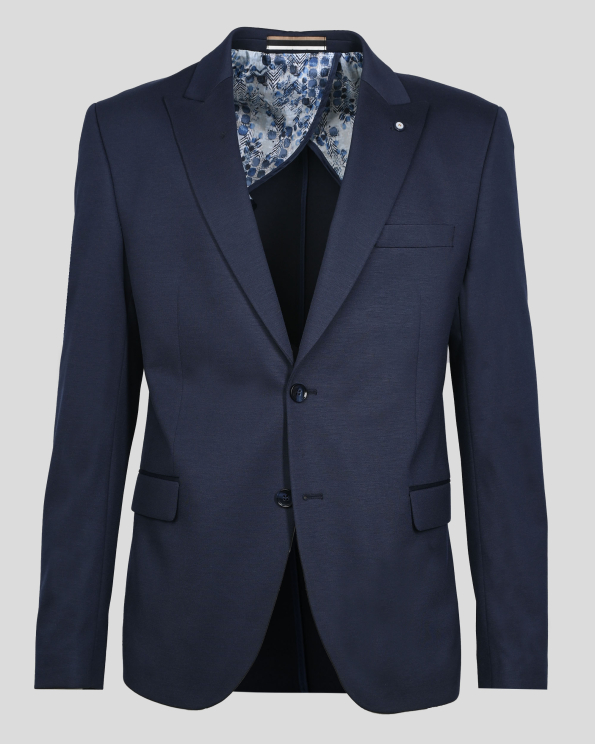 ТЪМНОСИНЬО ЕЛАСТИЧНО САКО С ОСТЪР РЕВЕР И ДВА ШЛИЦА