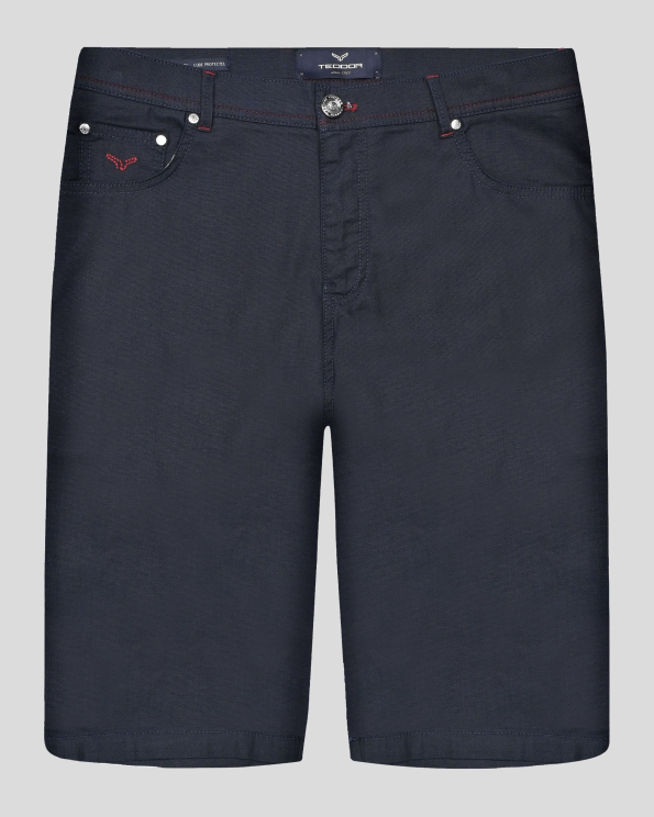 ТЪМНОСИНИ ДЪНКОВИ БЕРМУДИ С КОНТРАСТНИ ШЕВОВЕ И ЛОГО