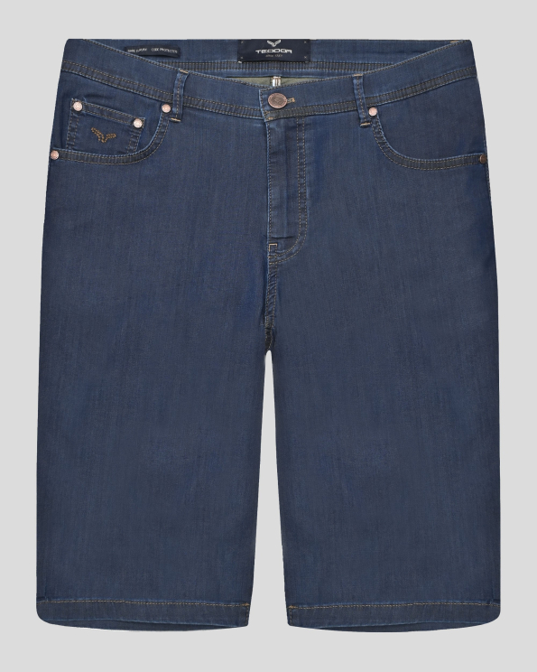 ДЕНИМ СИНИ ДЪНКОВИ БЕРМУДИ С 5 ДЖОБА И КОНТРАСТНИ ШЕВОВЕ