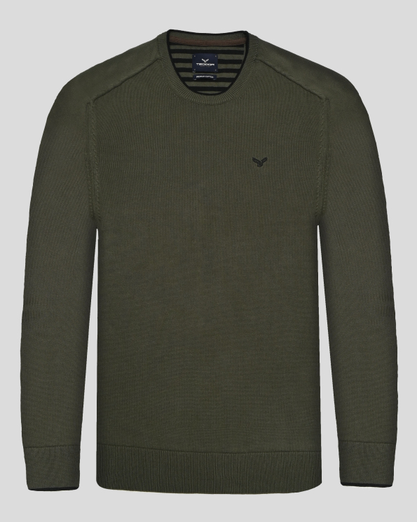 ТЪМНОЗЕЛЕН ПУЛОВЕР ОТ PREMIUM ПАМУК С КОНТРАСТНА ПЛАТКА И  ЛОГО