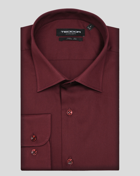 КЛАСИЧЕСКА РИЗА ОТ САТЕНИРАН ПАМУК В БОРДО СВОБОДЕН СИЛУЕТ