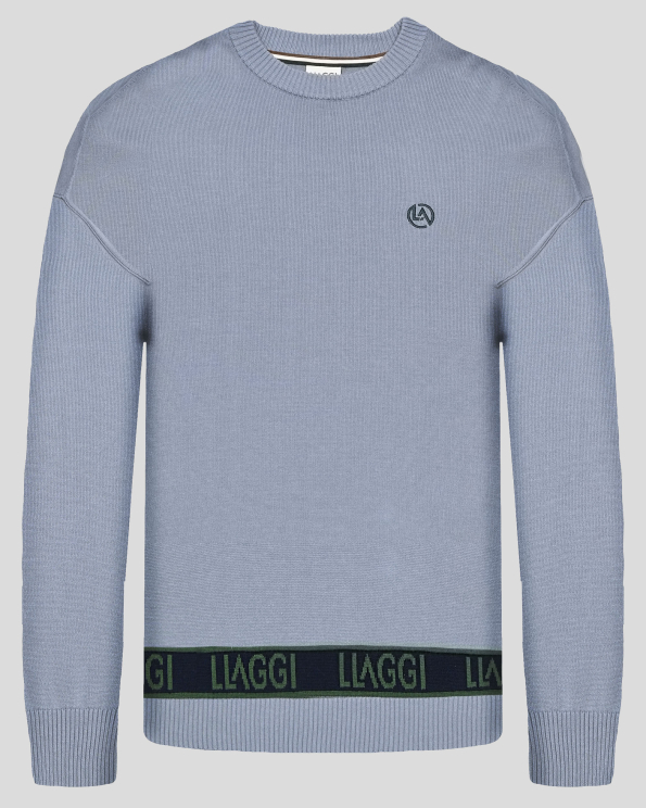 СИВО-СИН ОВЪРСАЙЗ ПУЛОВЕР С БРАНДИРАНА КОНТРАСТНА ЛЕНТА 