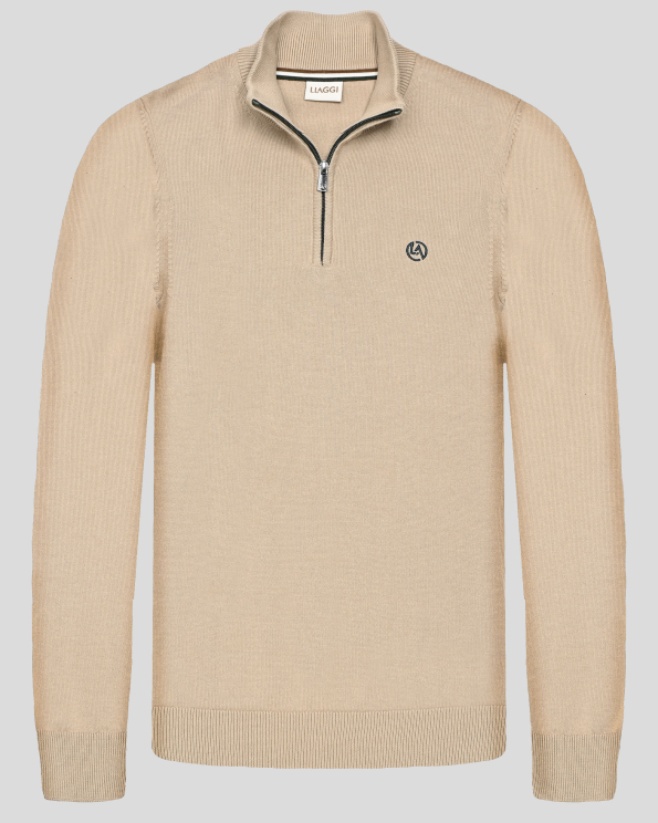 БЕЖОВ ПУЛОВЕР ТИП ПОЛУПОЛО С КЪС ЦИП И БРОДЕРИЯ ЛОГО