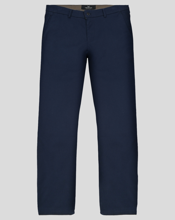 ТЪМНОСИН ЧИНО ПАНТАЛОН В СИТНА СТРУКТУРА С КОЖЕНА ЛОГО ЕМБЛЕМА