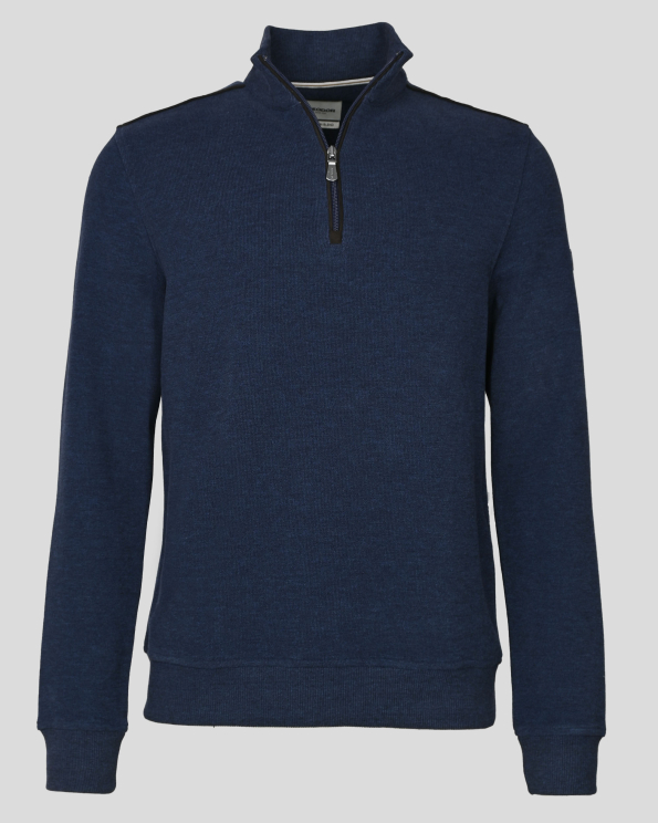 ТЪМНОСИНЯ БЛУЗА С ВИСОКО ЗАКОПЧАВАНЕ И КОНТРАСТНИ ЕЛЕМЕНТИ