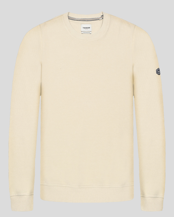  ПАМУЧНА БЛУЗА В ЦВЯТ ЕКРЮ С ОБЛО ДЕКОЛТЕ И ЛОГО ЕМБЛЕМА