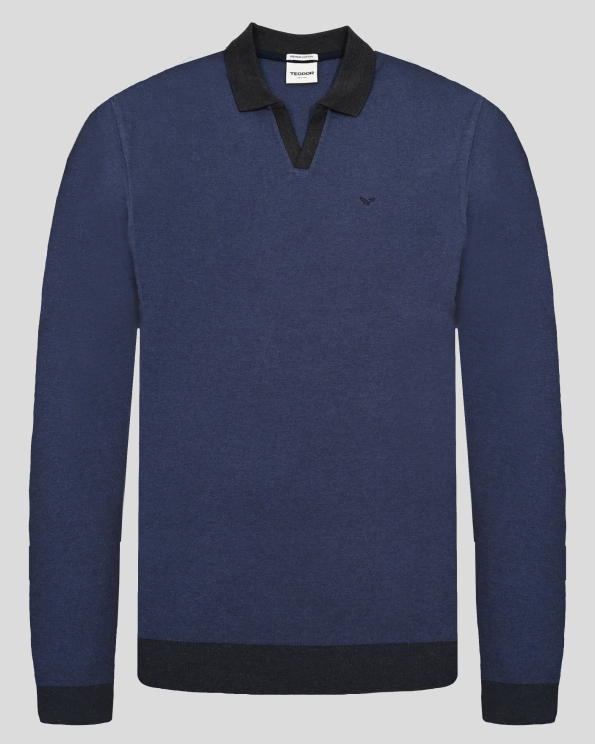 БЛУЗА С ПОЛО ЯКА И V-ОБРАЗНО ДЕКОЛТЕ В ДЕНИМ СИН МЕЛАНЖ