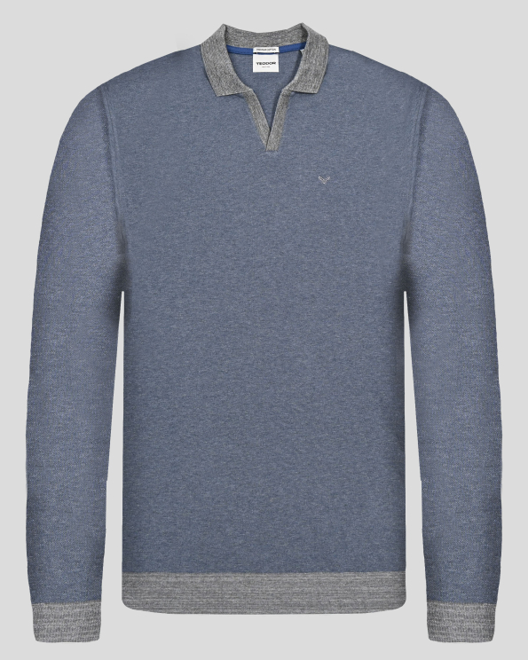 БЛУЗА ОТ 100% ПАМУК  И V-ОБРАЗНО ДЕКОЛТЕ В СИВО-СИН МЕЛАНЖ