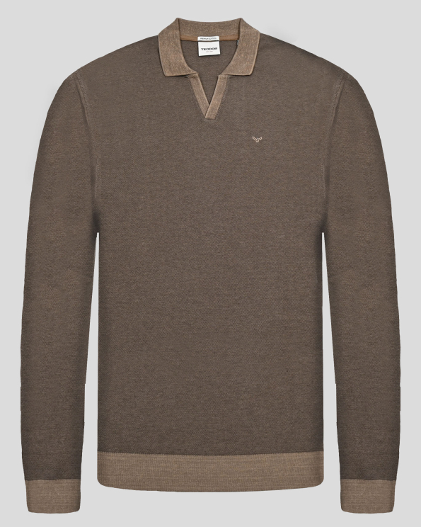 БЛУЗА С ПОЛО ЯКА И V-ОБРАЗНО ДЕКОЛТЕ В КАФЯВ МЕЛАНЖ