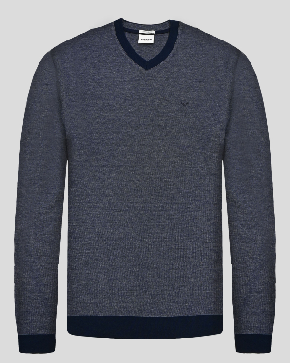 ТЪМНОСИНЯ БЛУЗА МЕЛАНЖ С V-ОБРАЗНО ДЕКОЛТЕ И БРОДЕРИЯ ЛОГО