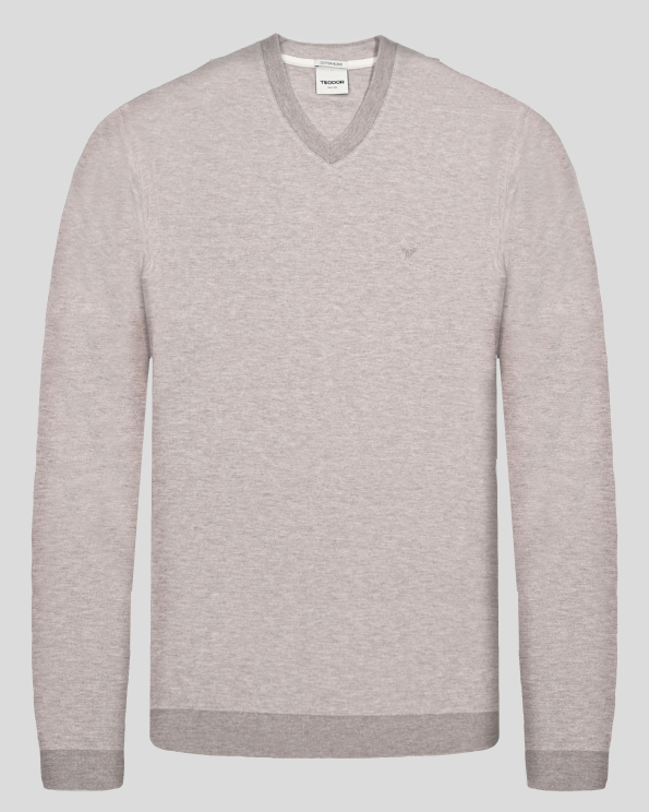  БЕЖОВА БЛУЗА МЕЛАНЖ С V-ОБРАЗНО ДЕКОЛТЕ И БРОДЕРИЯ ЛОГО