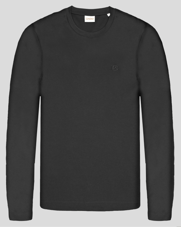 ЧЕРНА БЛУЗА ТРИКО С ОБЛО ДЕКОЛТЕ И ТОНАЛНА БРОДЕРИЯ ЛОГО