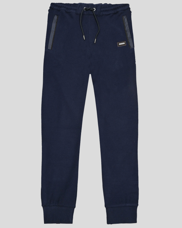 ТЪМНОСИНЬО СПОРТНО ДОЛНИЩЕ ТРИКО С ВЕЛУРЕНИ ЕЛЕМЕНТИ И ЛОГО