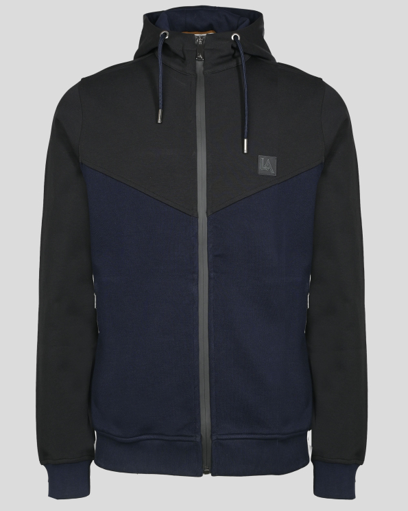 ДВУЦВЕТЕН СУИТШЪРТ С КАЧУЛКА В ЧЕРНО И ТЪМНОСИНЬО