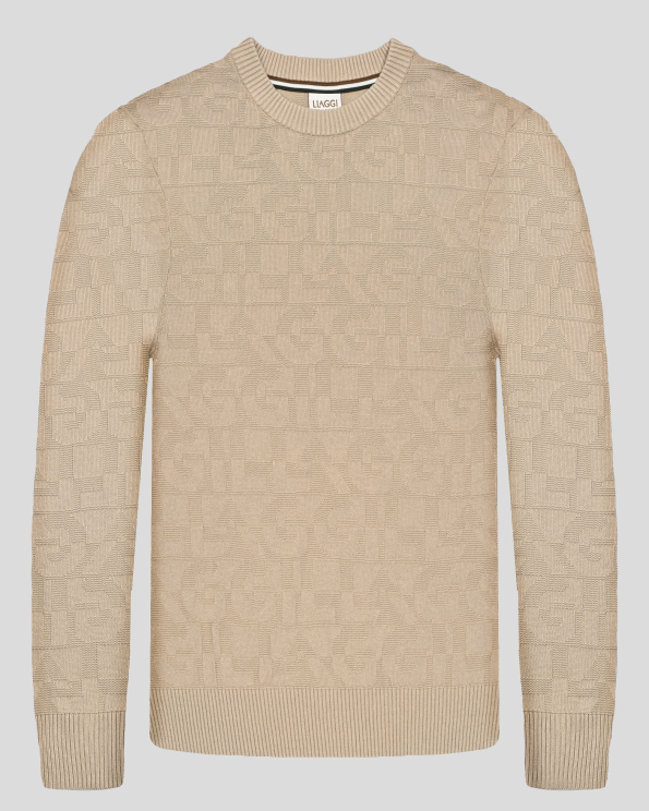 БЕЖОВ ПУЛОВЕР В ТОНАЛНА РЕЛЕФНА ПЛЕТКА С ЛОГО ИНИЦИАЛИ