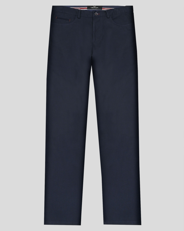 ТЪМНОСИН ЧИНО ПАНТАЛОН В СИТНА СТРУКТУРА С ДВОЙНИ ФИЛЕТКИ И ЛОГО