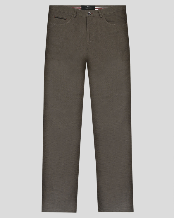 КАФЯВ ПАНТАЛОН МЕЛАНЖ В СИТНА СТРУКТУРА С ДВОЙНИ ФИЛЕТКИ И ЛОГО