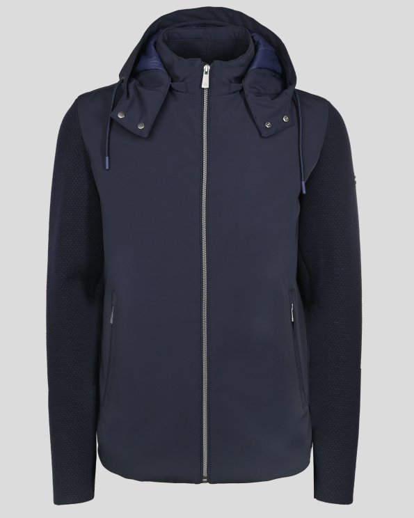 ТЪМНОСИНЬО ОЛЕКОТЕНО ЯКЕ С ПЛЕТЕНИ РЪКАВИ И ПОДВИЖНА КАЧУЛКА