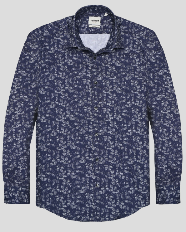 ТЪМНОСИНЯ РИЗА С КОНТРАСТНИ ФЛОРАЛНИ МОТИВИ ВТАЛЕН СИЛУЕТ