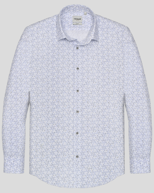 ПАМУЧНА РИЗА С ФИГУРАЛНИ ЕЛЕМЕНТИ  В БЯЛО И СИНЬО ВТАЛЕН СИЛУЕТ