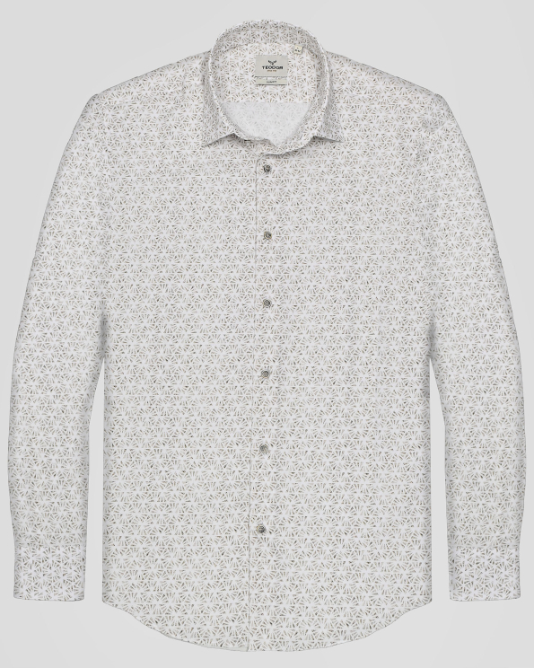 ПАМУЧНА РИЗА С ФИГУРАЛНИ ЕЛЕМЕНТИ В БЯЛО И БЕЖОВО ВТАЛЕН СИЛУЕТ