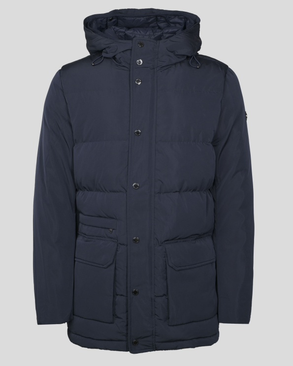 ТЪМНОСИНЬО КАПИТОНИРАНО ЯКЕ ТИП ПАРКА С ДВОЙНА КАЧУЛКА И ЛОГО ЕМБЛЕМА 