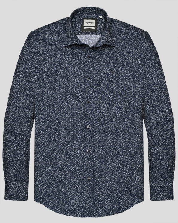 ТЪМНОСИНЯ  РИЗА ОТ ФИН ПАМУК В СИТЕН ФЛОРАЛЕН ПРИНТ