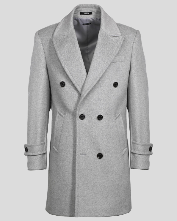 СИВО ДВУРЕДНО ПАЛТО ОТ МЕК ВЪЛНЕН ПЛАТ В СТРУКТУРА РИБЕНА КОСТ