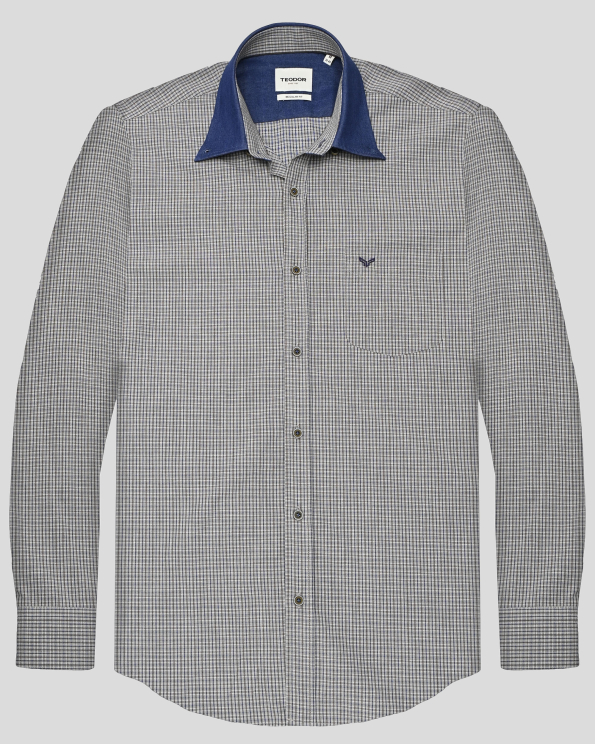 СИВА КАРИРАНА РИЗА С ДЕНИМ ЯКА И КРЪПКИ НА ЛАКТИ