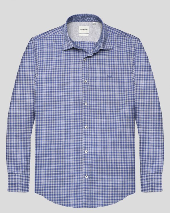 ДВУЦВЕТНА КАРИРАНА РИЗА В ТЪМНОСИНЬО И СИВО С БРОДЕРИЯ ЛОГО