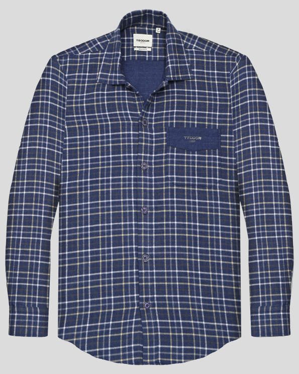 ТЪМНОСИНЯ КАРИРАНА РИЗА ОТ ПЛЪТЕН ПАМУК С КАРДИРАН ЕФЕКТ