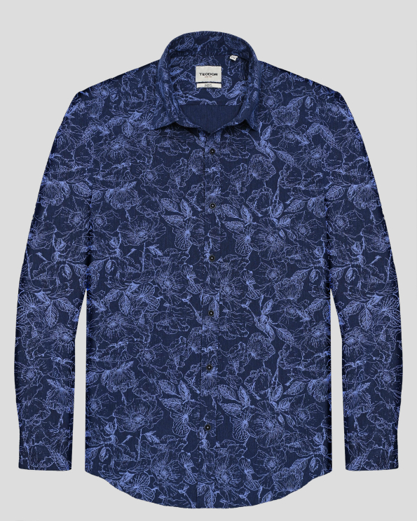 ТЪМНОСИНЯ  ПАМУЧНА РИЗА С ФЛОРАЛЕН ПРИНТ В СВЕТЛОСИНЬО