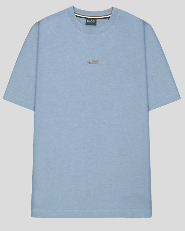 ОВЪРСАЙЗ ТЕНИСКА С КОНТРАСТЕН ПРИНТ И БРОДЕРИЯ ЛОГО В ЛЕДЕНО СИН ЦВЯТ