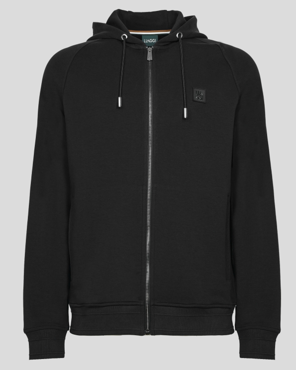 ЧЕРЕН СУИТШЪРТ С КАЧУЛКА И ТОНАЛНА ГУМИРАНА ЕМБЛЕМА