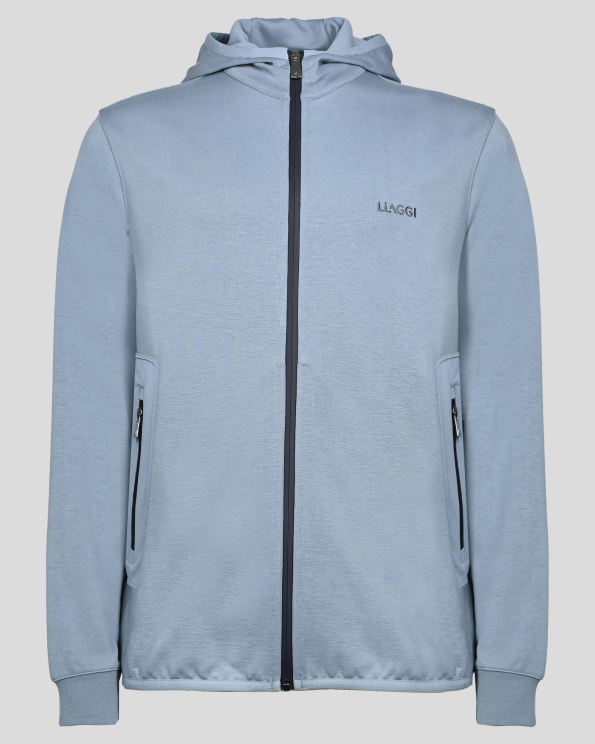 ЛЕДЕНО СИН СУИТШЪРТ С КОНТРАСТНИ ЦИПОВЕ И ГУМИРАН БАДЖ