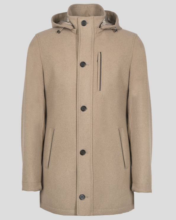 БЕЖОВО ПАЛТО С ВИСОКО СЪДЪРЖАНИЕ НА ВЪЛНА И ПОДВИЖНА КАЧУЛКА
