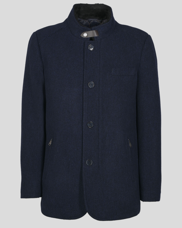 МЕЛАНЖИРАНО ТЪМНОСИНЬО КЪСО ПАЛТО С КОЖЕН ЕЛЕМЕНТ