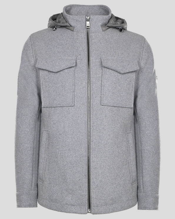 СИВО КЪСО ЯКЕ ТИП ПАЛТО С ГРЪДНИ ДЖОБОВЕ И ПОДВИЖНА КАЧУЛКА