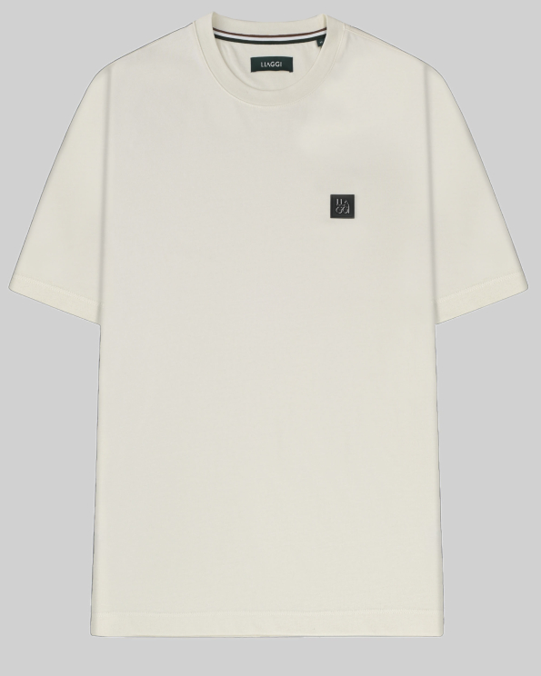 ОВЪРСАЙЗ ТЕНИСКА С КОЖЕНА ЕМБЛЕМА И МЕТАЛНО ЛОГО В ЦВЯТ ЕКРЮ