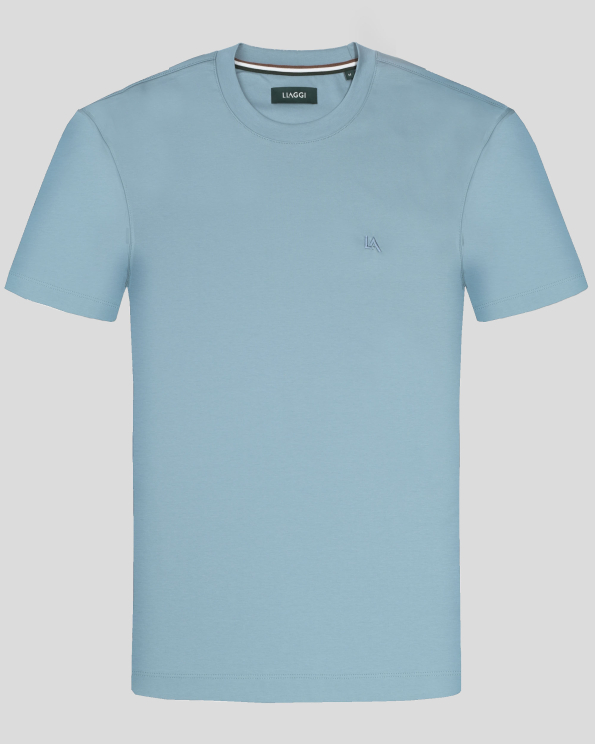 ЛЕДЕНО СИНЯ  ПАМУЧНА ТЕНИСКА С ОБЛО ДЕКОЛТЕ И БРОДЕРИЯ ЛОГО