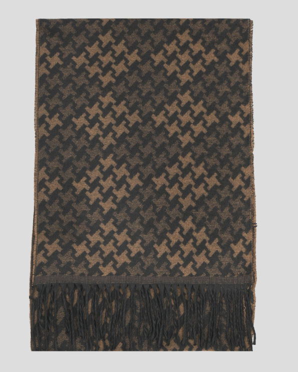 ДВУЦВЕТЕН ШАЛ С ФИГУРАЛЕН ДЕСЕН В ЧЕРНОКАФЯВ МЕЛАНЖ