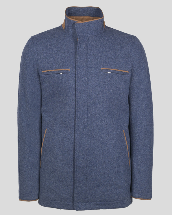 СИНЬО МЕЛАНЖИРАНО ПАЛТО ОТ МЕК ВЪЛНЕН ПЛАТ С ДЖОБОВЕ С ЦИП