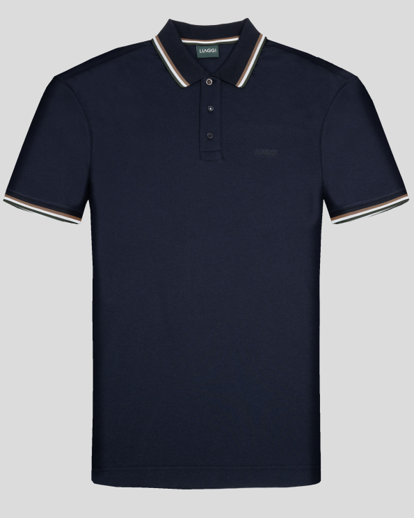 ТЪМНОСИНЯ ТЕНИСКА С КОНТРАСТНА ПОЛО ЯКА И ЕЛАСТАН