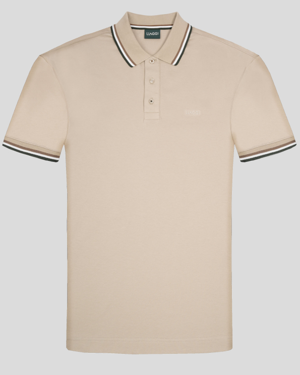 БЕЖОВА ПАМУЧНА ТЕНИСКА С ЯКА И БРОДЕРИЯ ЛОГО