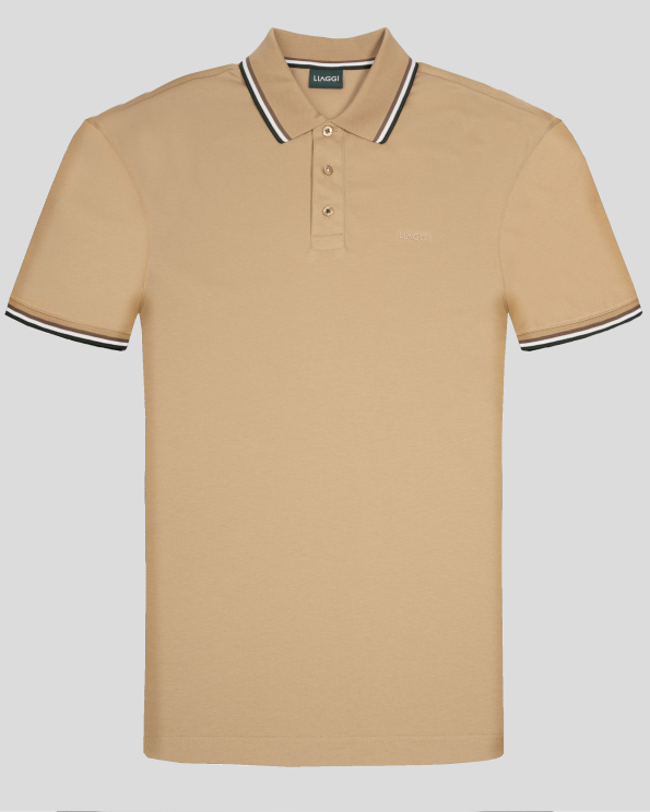 ПАМУЧНА ТЕНИСКА С КОНТРАСТНА ЯКА В ЦВЯТ КАМЕЛ