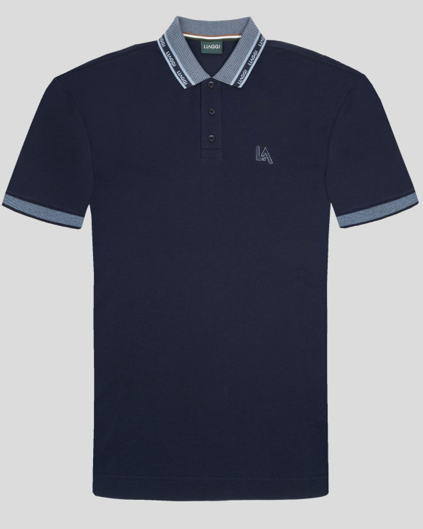 ТЪМНОСИНЯ ПАМУЧНА ТЕНИСКА С ЛОГО ПРИНТ НА ЯКА