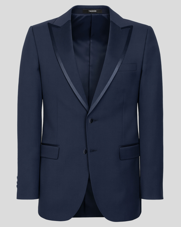 ТЪМНОСИНЬО ЦЕРЕМОНИАЛНО САКО МЕЛАНЖ С ОБАЗОВАН РЕВЕР /ЧАСТ ОТ КОСТЮМ/