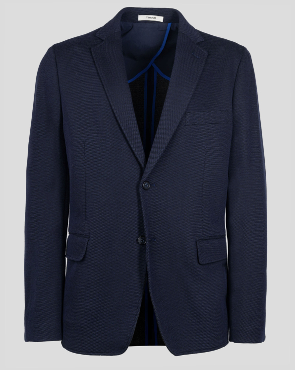 ТЪМНОСИНЬО САКО ОТ ПАМУК С ЕЛАСТАН ВТАЛЕН СИЛУЕТ